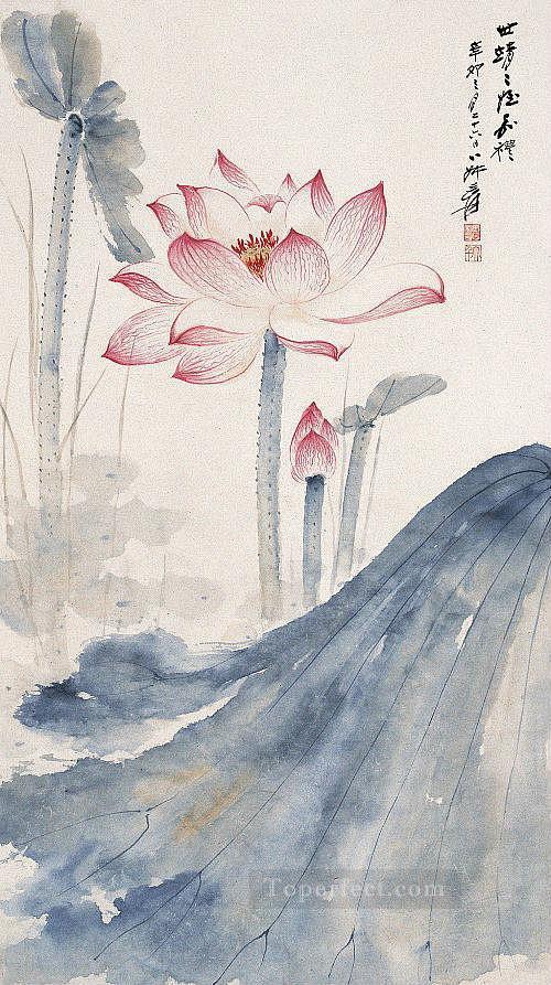 Chang dai chien 蓮 2 古い中国の水墨花飾り油絵